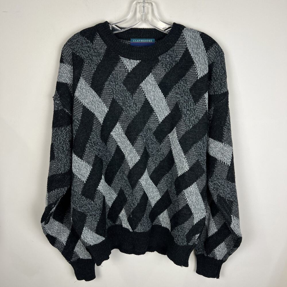 Vintage‎ Claybrooke Sweater Mens L Crew Neck Pullover Black Gray Cosby 90s